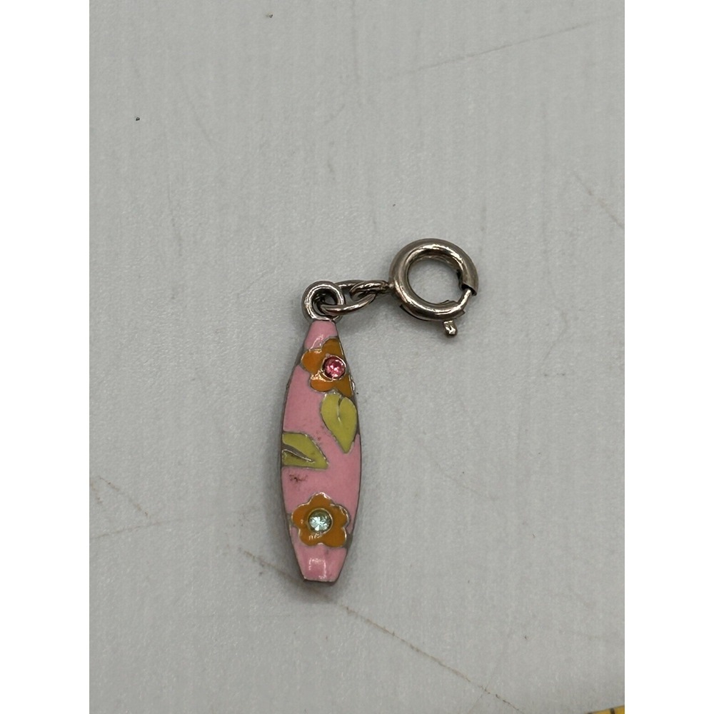 Vintage Silver & Enamel Surfboard Charm W/ Flowers Floral Design